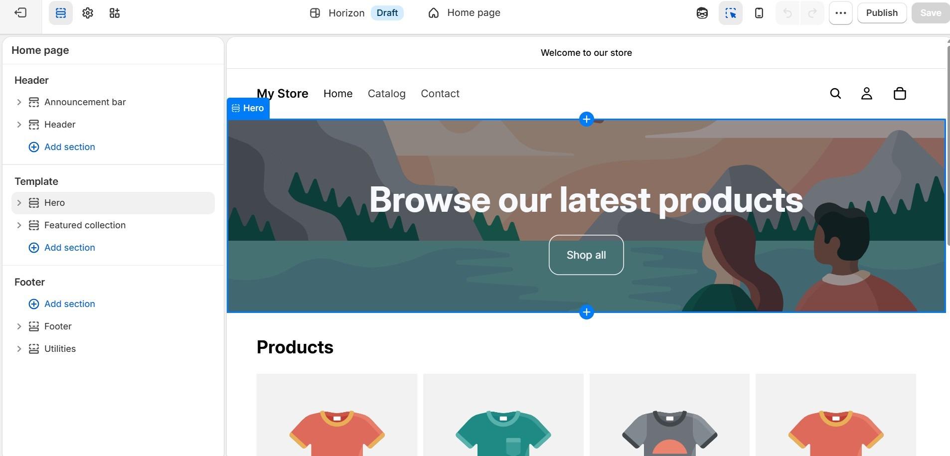 Shopify theme editor with the home page sections panel and the hero section selected