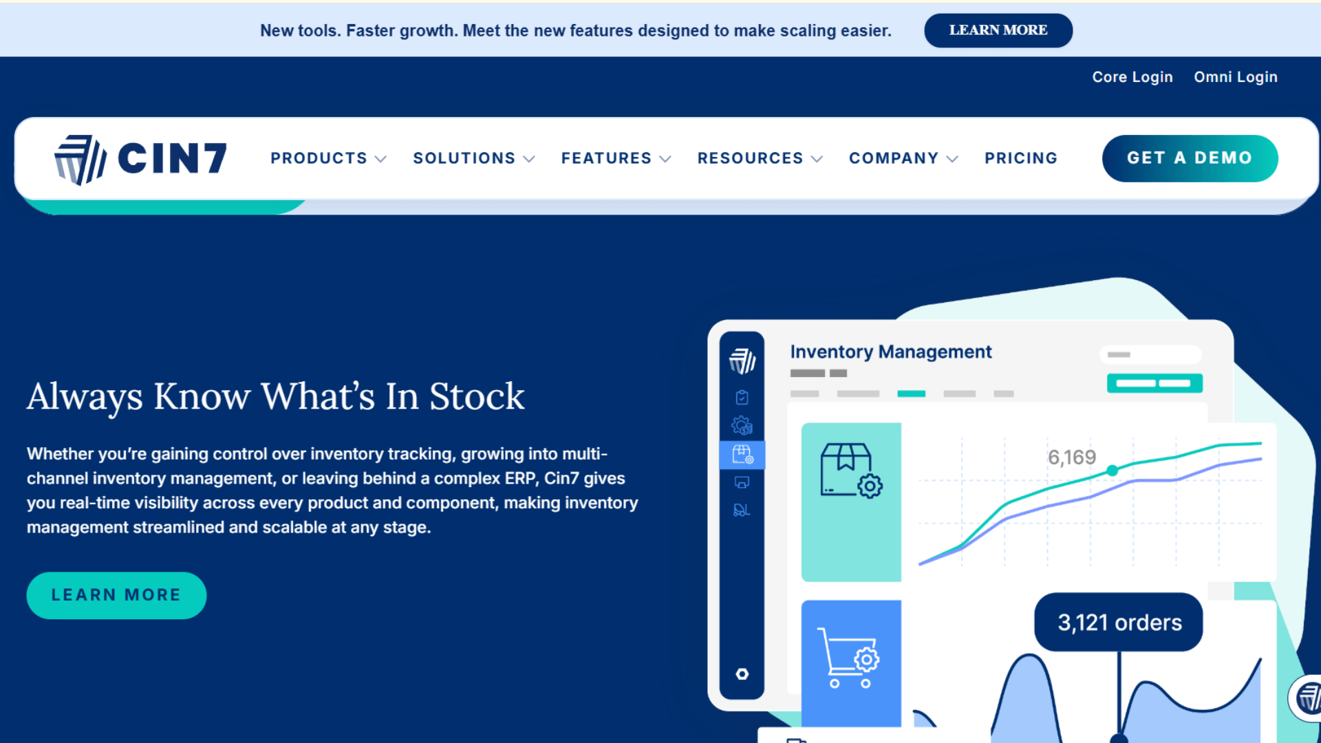 Cin7 homepage headline: always know what is in stock, with an inventory dashboard