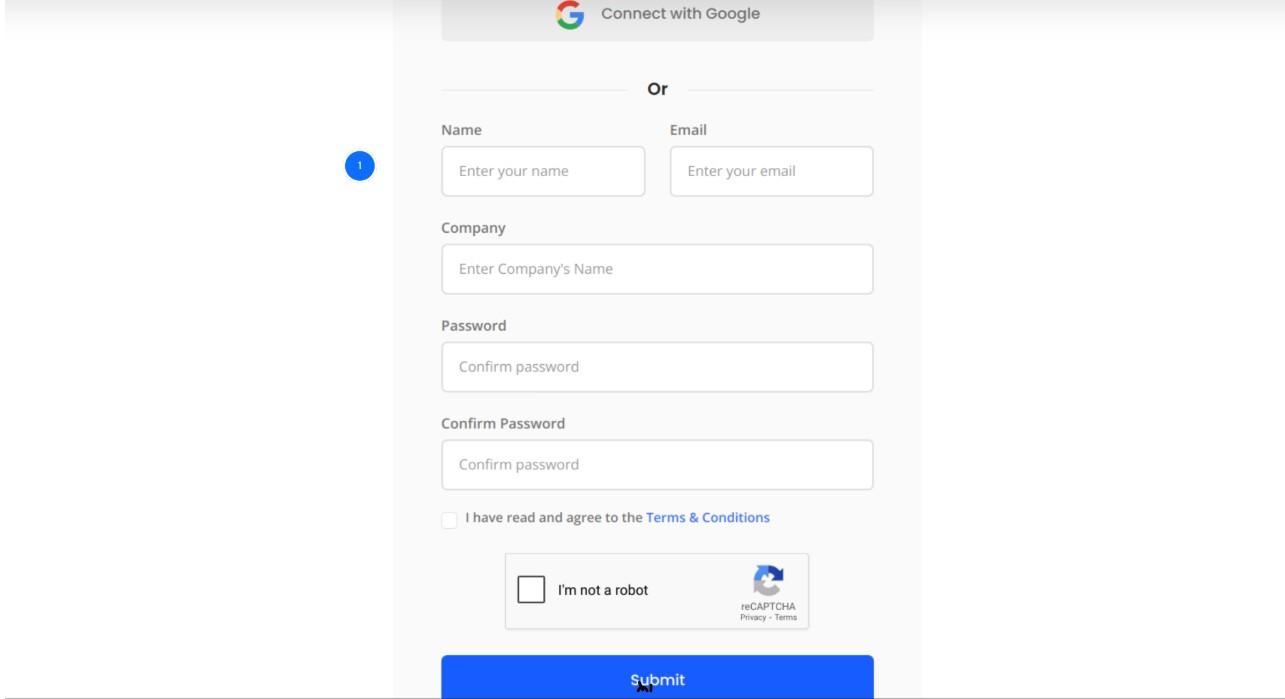 QuickSync sign-up form with a Google option and name, email, company and password fields