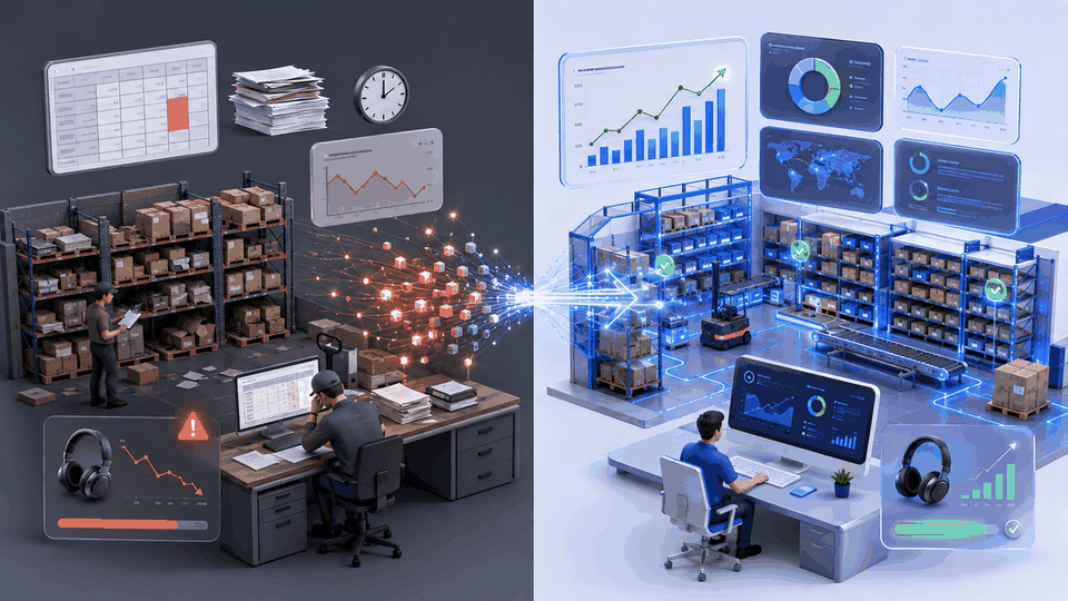 Warehouse staff working from manual records beside an analyst using inventory dashboards
