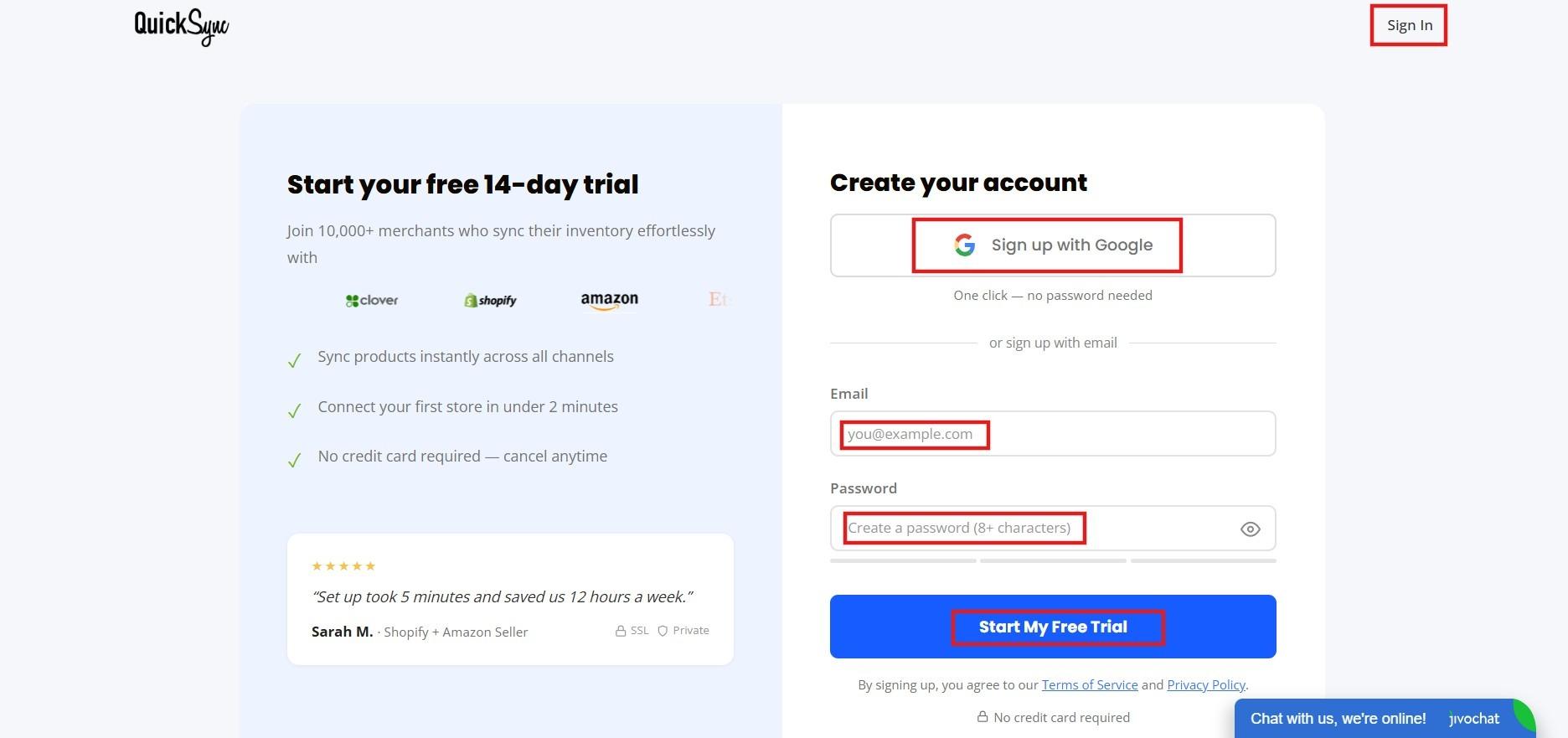 QuickSync 14-day free trial page with a create your account form and Google sign-up