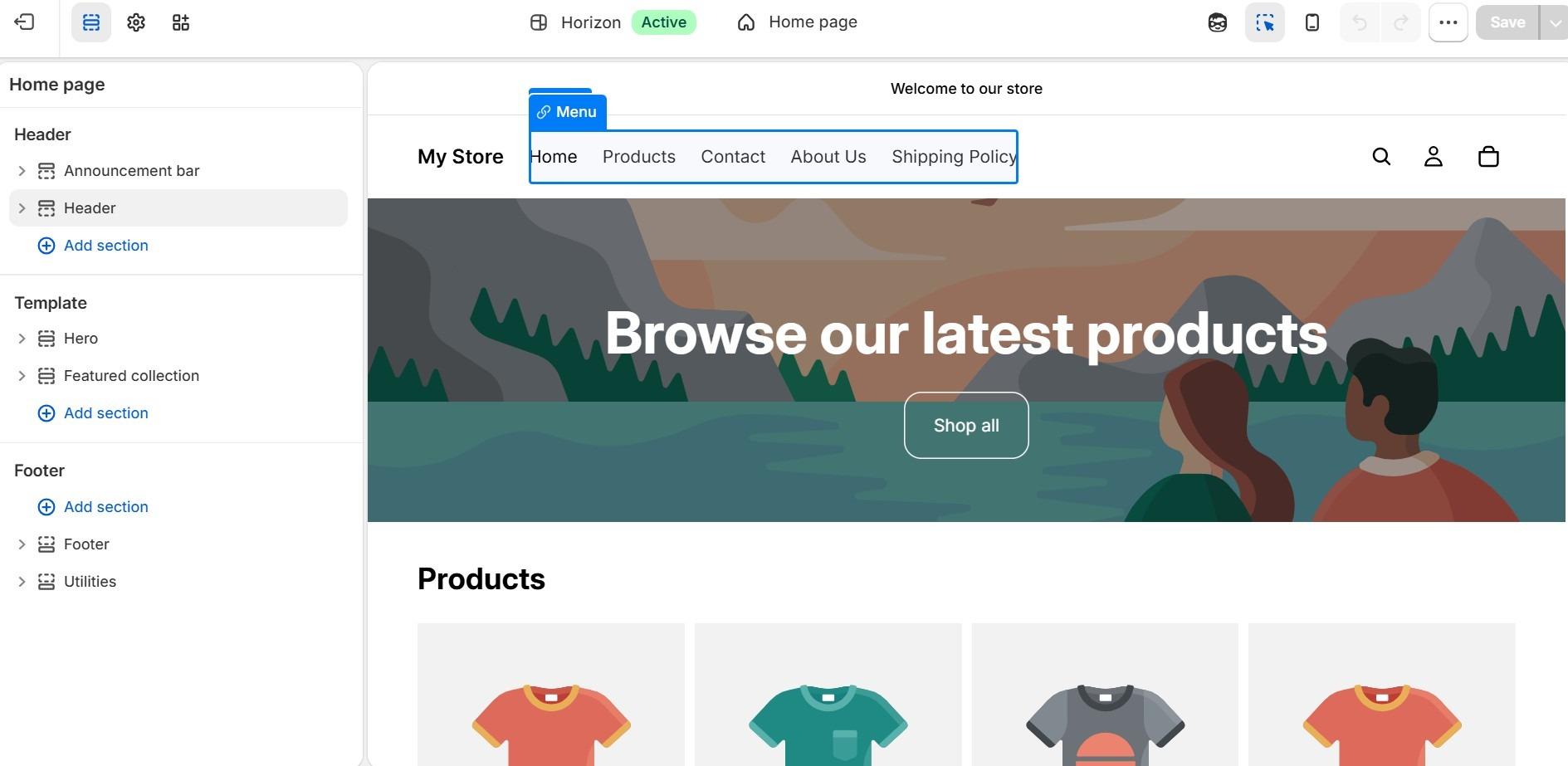 Shopify theme editor showing the header menu being edited on the storefront preview