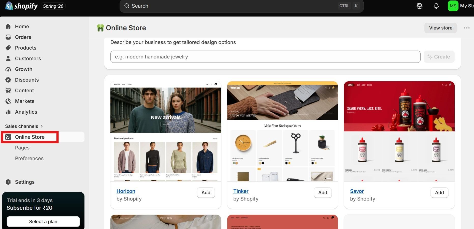 Shopify theme store in the admin with Horizon, Tinker and Savor themes available to add