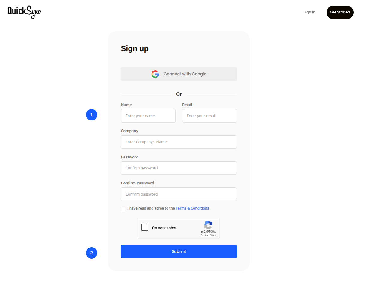 QuickSync sign-up form with a Google sign-up option and name, email and password fields