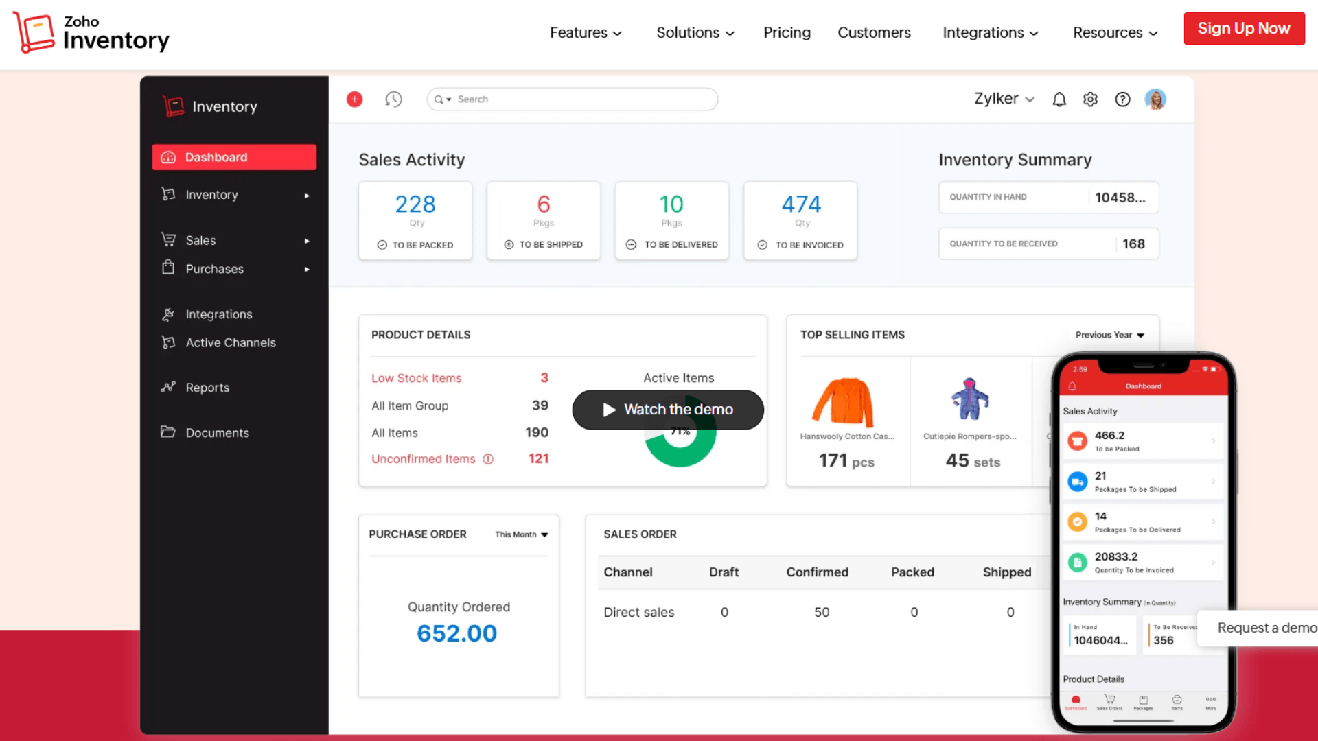 Zoho Inventory page showing a sales activity and inventory summary dashboard