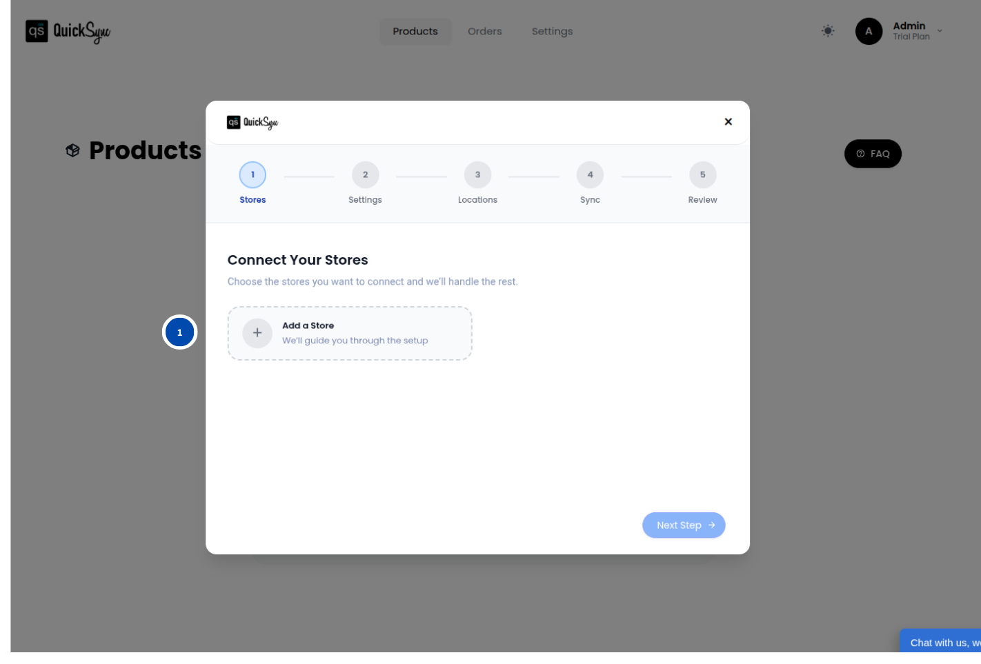 QuickSync onboarding step to connect your stores, with an Add a Store button