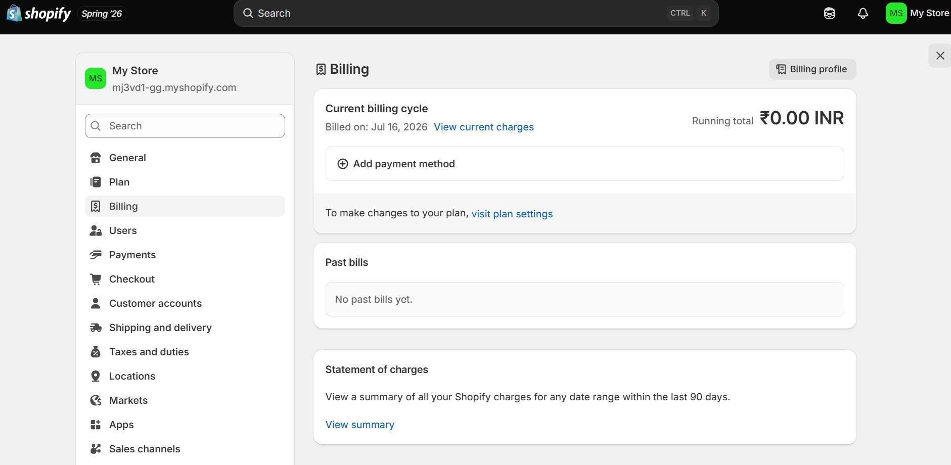 Shopify billing settings showing the current billing cycle and payment method