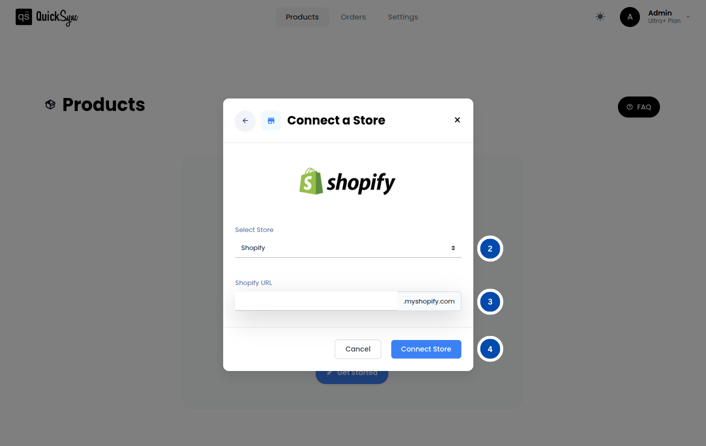 QuickSync connect a store dialog with Shopify selected and a store URL field