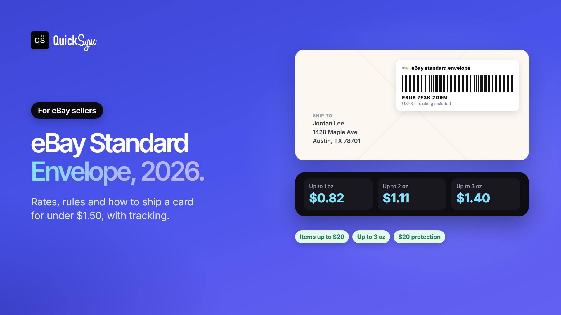eBay Standard Envelope in 2026: $0.82 for 1 oz, $1.11 for 2 oz and $1.40 for 3 oz, for items up to $20 and 3 oz, with tracking and up to $20 of shipping protection