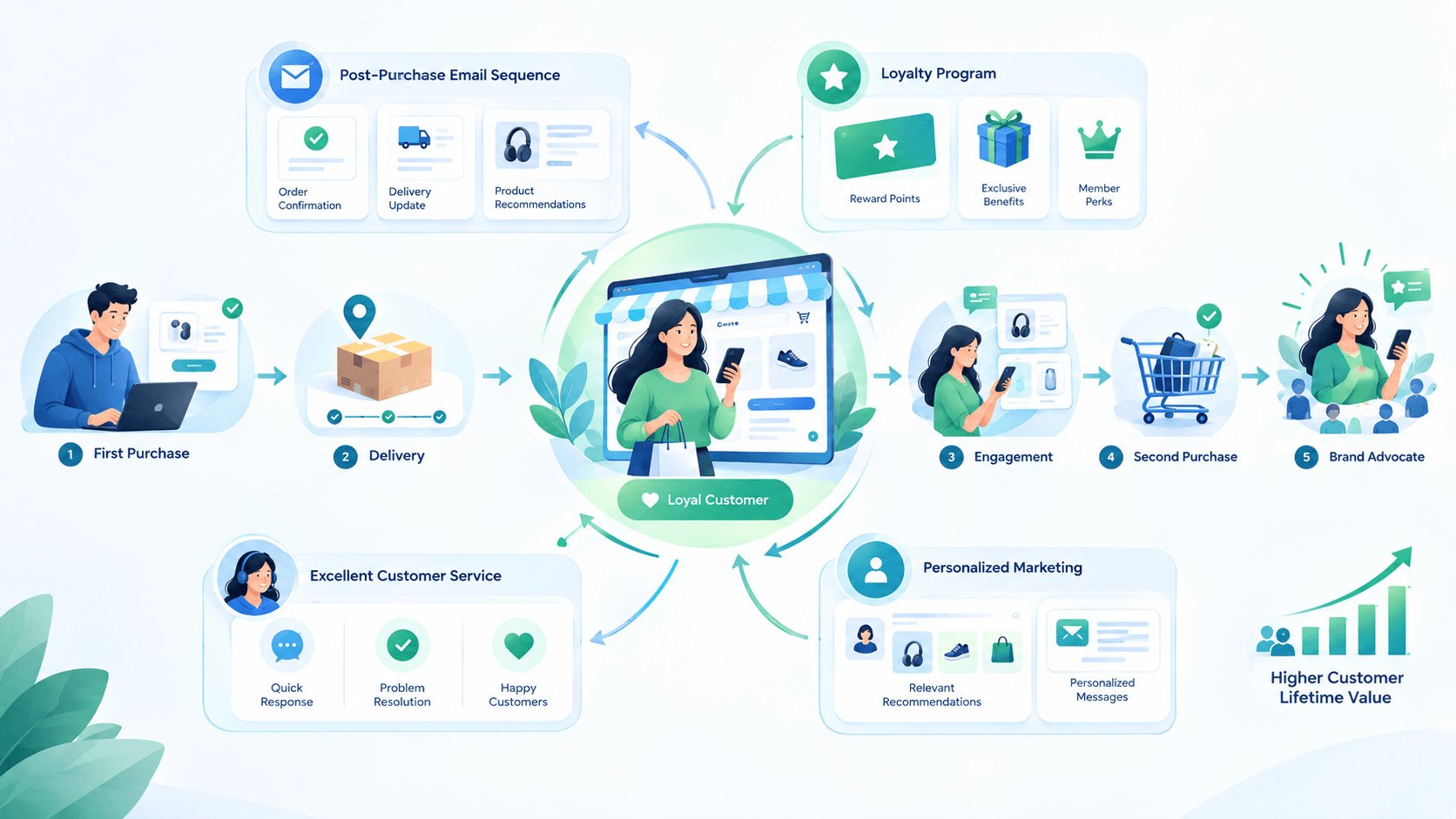 Customer retention loop: post-purchase emails, a loyalty program, excellent customer service and personalized marketing turn a first purchase into repeat purchases and higher customer lifetime value