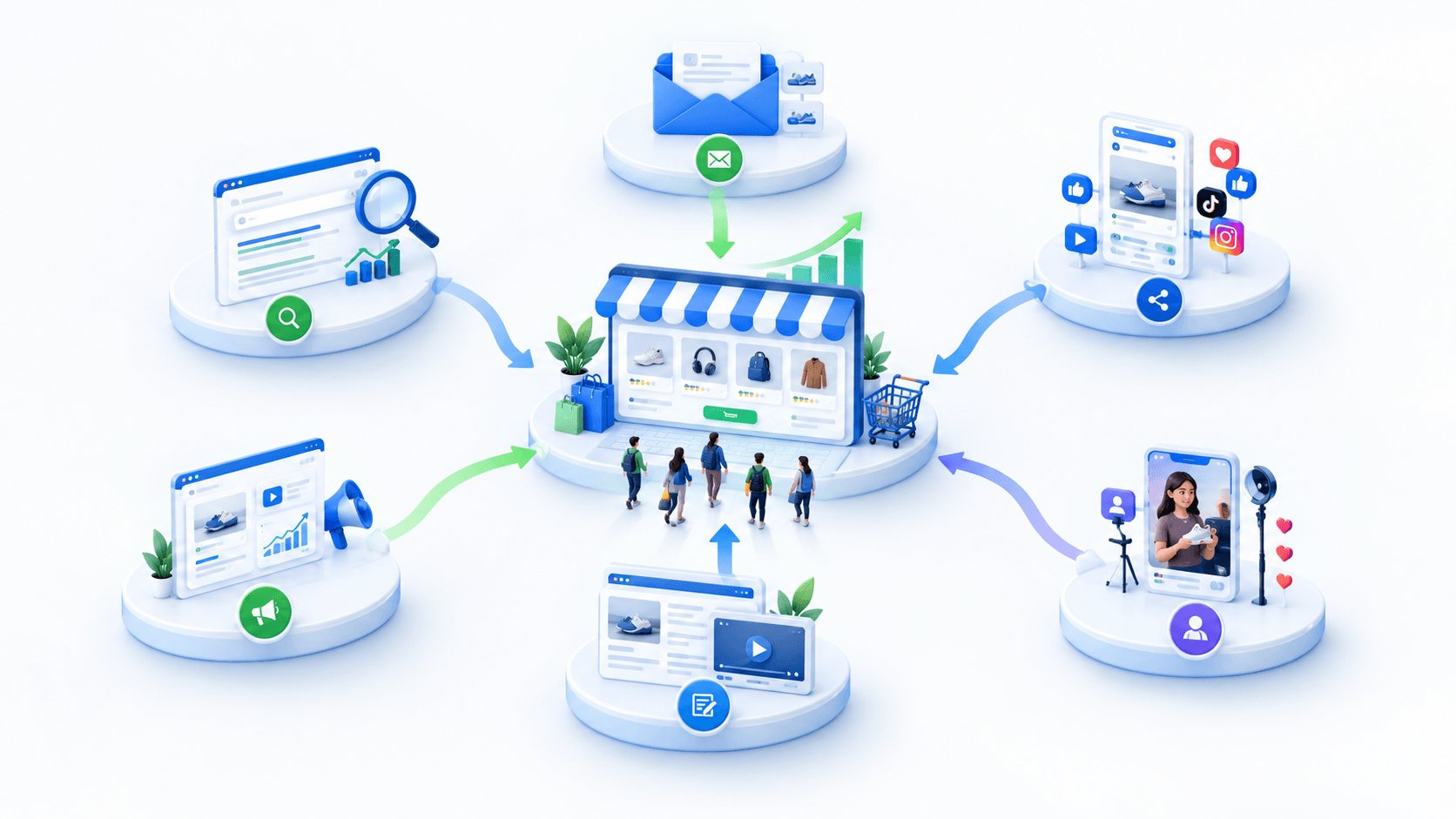 Six ways to drive traffic to an ecommerce store: SEO, email marketing, social media, paid advertising, content marketing and influencer partnerships