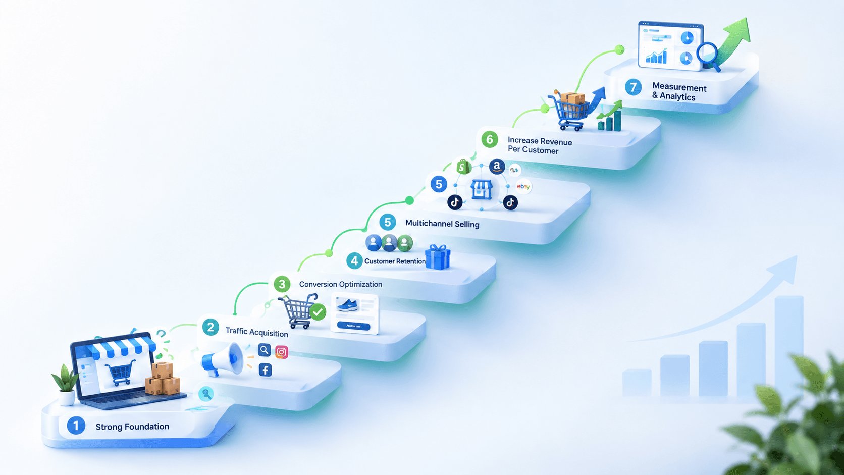 Seven steps to grow an ecommerce business: strong foundation, traffic acquisition, conversion optimization, customer retention, multichannel selling, increasing revenue per customer, and measurement and analytics