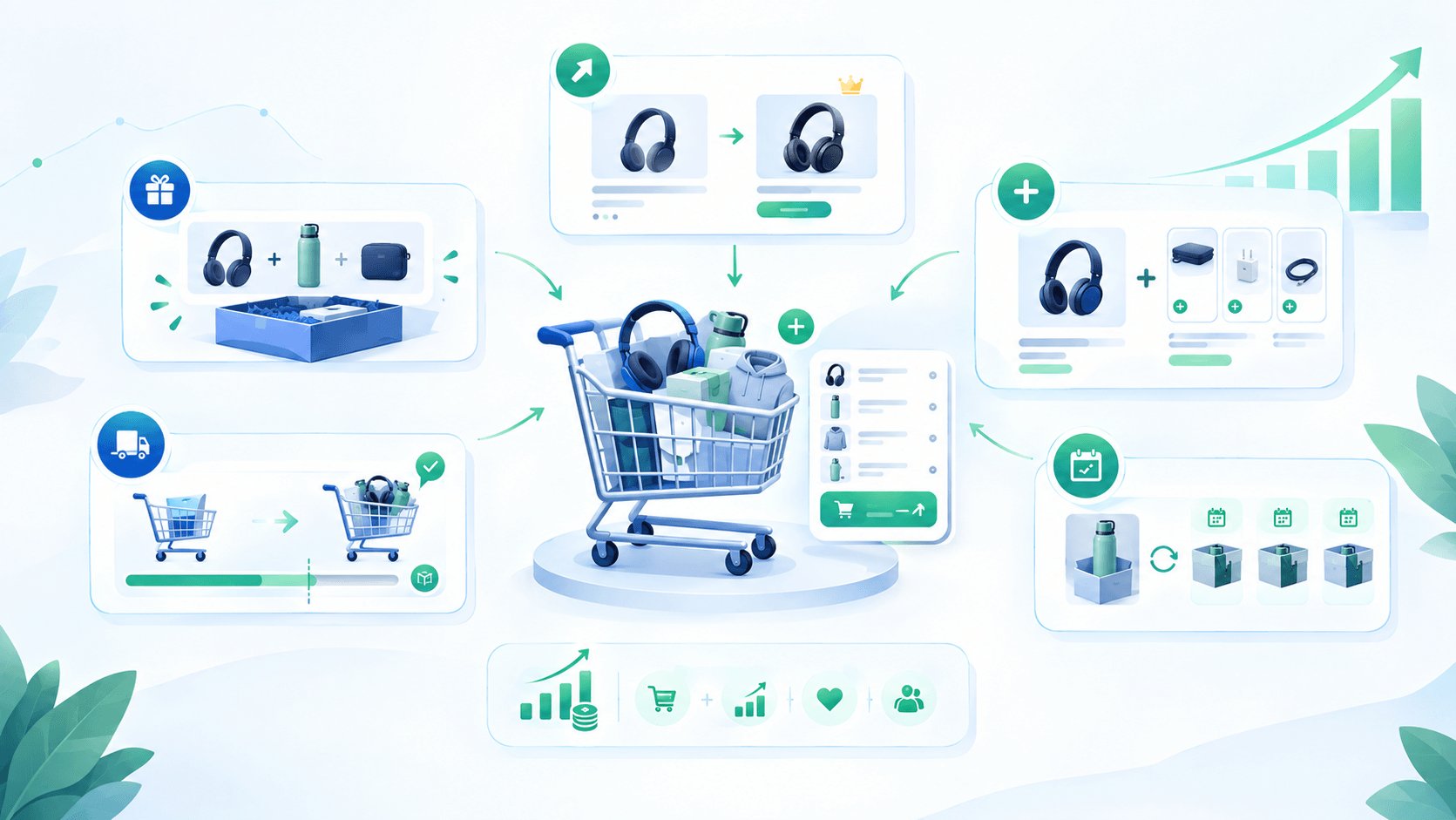 Ways to increase average order value: product bundles, upgrades to premium versions, complementary cross-sells, a free shipping threshold and subscriptions
