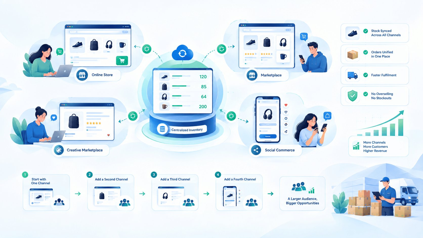Multichannel selling with one centralized inventory synced across an online store, a marketplace, a creative marketplace and social commerce, adding one channel at a time
