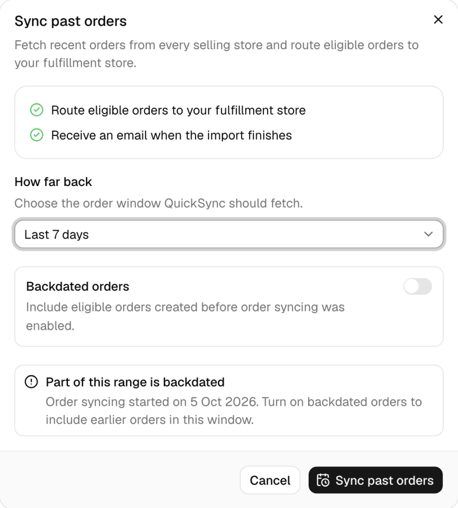 The Sync past orders window in QuickSync: How far back is set to Last 7 days, the Backdated orders switch is off, a note says part of this range is backdated because order syncing started on 5 Oct 2026, and the buttons are Cancel and Sync past orders.