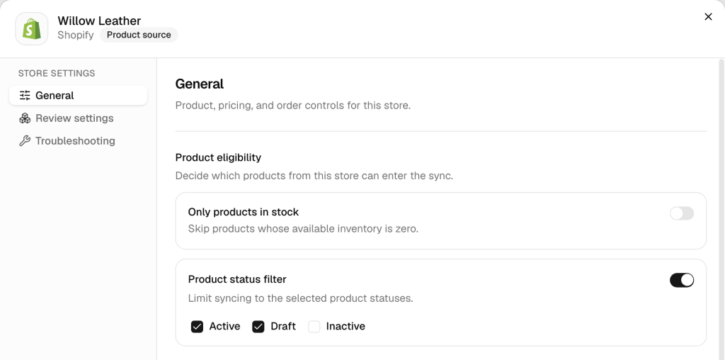 The General settings of the Willow Leather Shopify store in QuickSync, marked Product source. Under Product eligibility, Only products in stock is off, and Product status filter is on with Active and Draft ticked.